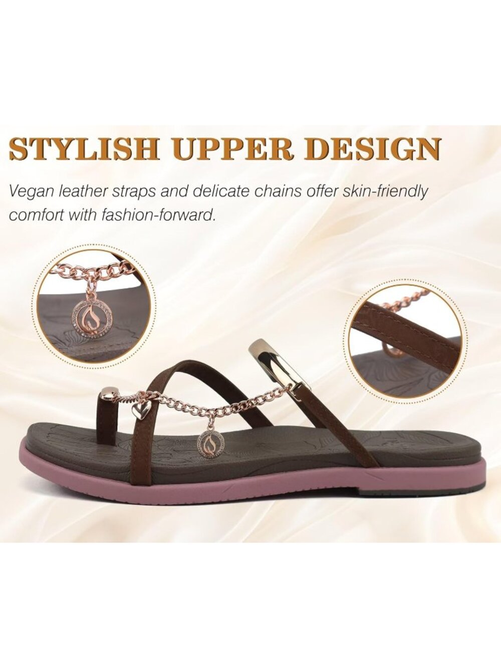Women's Brown Pink Flat Slides Sandals Toe loop Strappy Square Open Toe Fashion - Picture 3 of 6